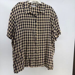 Expose Button Up Shirt Women 3X Navy Cream Gingham Vintage Seersucker 90s VTG